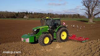 4k John Deere 6215R Premium amp Kverneland 6m Foldable Power Harrow in the evening sunlight in Suffolk [upl. by Nocaj548]