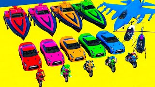 GTA V Mega Ramp Boats Cars Motorcycle with Trevor and Friends New Stunt Map Challenge [upl. by Lonyer480]