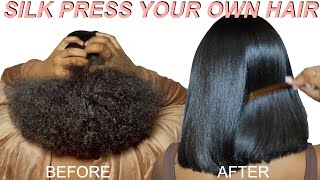 DIY SILK PRESS ON NATURAL HAIR  CURLY TO STRAIGHT WITH NO HEAT DAMAGE [upl. by Smalley499]