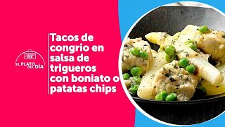 Receta de tacos de congrio en salsa de trigueros con boniato o patatas chip  Vamos a ver [upl. by Ardnekahs]