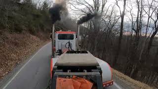 625hp cat powered Peterbilt 379 pulling lowboy in the mountains loud straight pipes amp jake brakes [upl. by Silevi]