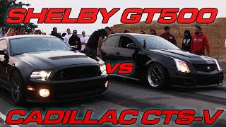 Cadillac CTSV vs 14 GT500  HeadsUp Muscle Shootout Race 2 [upl. by Nemrak665]