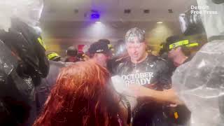 Detroit Tigers celebration postgame in locker room after 2024 MLB playoffs sweep of Houston Astros [upl. by Ardnoik]