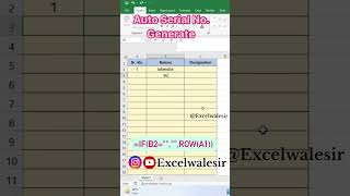 Auto Serial no Generate in Excel excelwalesir ytvideoshorts shortvideo viralvideo excel [upl. by Georgiana]