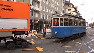 München Trambahn DWagen 490 wird über Kreuzung Ostfriedhof geschleppt [upl. by Webber]