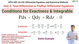 Total Differential Equations  Pfaffian Differential Equations  Exactness  Integrable  Example [upl. by Enneite552]