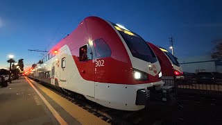 Caltrain Stadler KISS EMU with 302 leading with friendly Engineer at Burlingame from 112724 [upl. by Yarod]