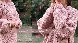 Cozy Crochet Sweater Dress Tutorial  EASILY CUSTOMIZABLE [upl. by Ynalem371]