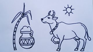 How to draw a Maattu Pongal festivalCow and pongal pot drawing step by step [upl. by Attaymik]