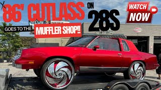 Kandy Red Cutlass on 28s goes to the Muffler Shop [upl. by Sirromed]