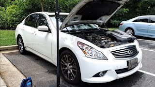 COOLANT LEAK FROM BROKEN PLASTIC HEATER HOSE CONNECTOR  2012 INFINITI G37  HowtoDiy [upl. by Lebaron303]