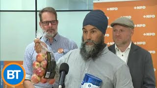 NDP Leader Jagmeet Singh mixed up his groceries at a media event [upl. by Wilone773]