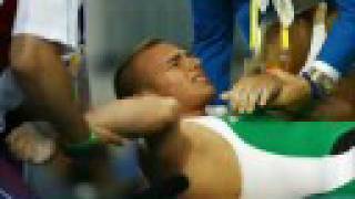 Hungarian Weightlifter Janos Baranyai accident  Beijing 2008 [upl. by Enilesoj]