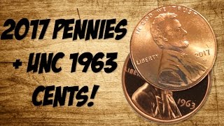 2017 PENNIES  UNC 1963s Coin Roll Hunting [upl. by Amsirak]