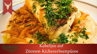 Gebratener Kabeljau auf Zitronen Kirchererbsenpüree mit Nussbutter und Karotten leicht und schnell [upl. by Nylatsyrc]