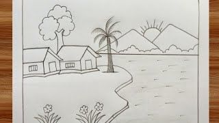 Easy village scenery drawing for kids❤️ How to draw house scenery drawing kids art video [upl. by Eetnod]