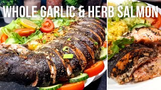 Whole Baked Garlic amp Herb Salmon  Whole Salmon Recipe ❄️Festive Special ❄️Mahas Kitchen eng sub [upl. by Alinoel]