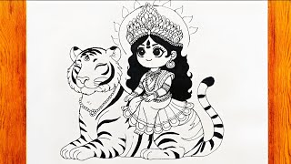 How to Draw Maa Durga with Trishul Pencil Chitra Navratri drawing  Durga Mata Drawing  Image [upl. by Leatri]