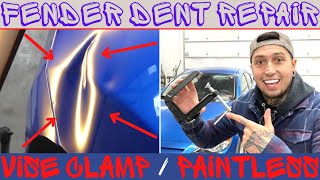 Removing a fender dent  vise clamp method [upl. by Kitrak719]