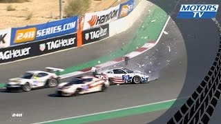 Dubai 24 Hours  Spectacular crash in the straight line involving a Porsche and a Ginetta [upl. by Mongeau]