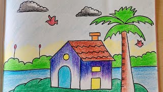 easy Scenery Drawing how to draw scenery neat and clean colouring draw with me easily drawing [upl. by Zeugirdor831]