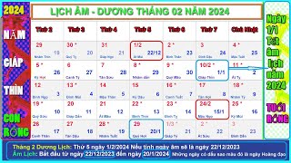 Lịch âm dương tháng 2 năm 2024  Lịch vạn niên tháng 22024 Năm Giáp Thìn [upl. by Leckie]