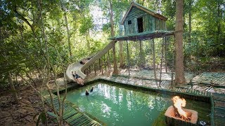 Build the Most Amazing Bamboo Villa Home heated Swimming Pool and Water Slide in The Jungle [upl. by Lacey]