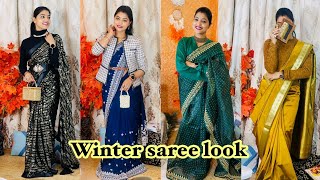 WINTER SAREE LOOK  SAREE STYLING IN WINTERS  ABHIKSHA [upl. by Aneret]