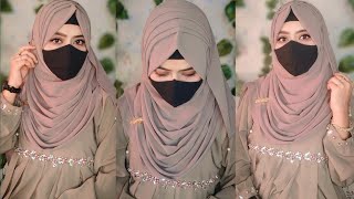 Cute 🥰 Hijab Styles With Layers  Very Easy And Stylish Layer Hijab Tutorial With Mask [upl. by Oaoj]