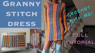 Granny stitch sweater dress tutorial Crochet pattern [upl. by Alios]