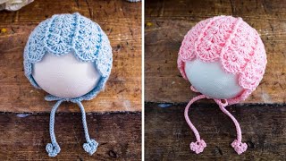 💝 Easy Crochet Baby Bonnet 🤗 Step by Step Tutorial for this Sweet Shell Stitch Hat [upl. by Wartow]