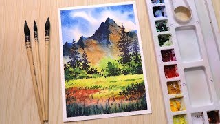 Watercolor painting of beautiful mountain landscape scenery easy [upl. by Hinda]