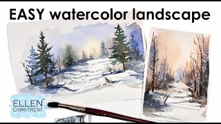 Watercolor Beginner Winter Landscape Tutorial [upl. by Leahcimrej334]