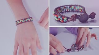 Como hacer una pulsera de cuero con mostacillas chaquiras  JPaola [upl. by Zzahc]