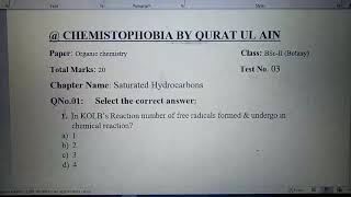 Test No 03 Saturated Hydrocarbons organic chemistry  MCQs type university of the Punjab [upl. by Suirad]