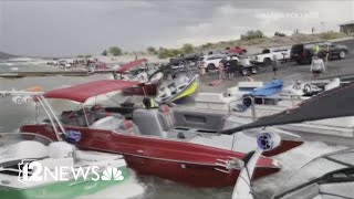 Monsoon storms sink beach about a dozen boats at Lake Pleasant [upl. by Ahsenal345]