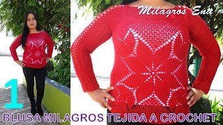 PARTE 1 Blusa MILAGROS tejido a crochet con flores e indicaciones para diferentes tallas [upl. by Brackett]