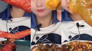 15 Mukbang China Eat jellyfish snails raw red shrimp and pig intestines 吃海蜇、田螺、生红虾、猪肠 [upl. by Kempe]