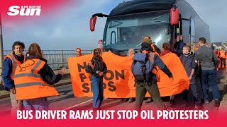 Bus driver rams Just Stop Oil protesters blockade nearly running them over [upl. by Arihs62]