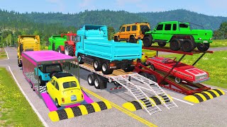 Flatbed Trailer Cars Transportation with Truck  Speedbumps vs Cars vs Train  BeamNGDrive 006 [upl. by Nork]