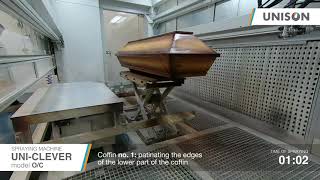 UNISON spraying machine for staining patinating and lacquering coffins – UNICLEVER model OC [upl. by Elene840]