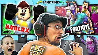 PLAYING FORTNITE amp ROBLOX  SAME TIME FGTEEV Scary Elevator Monster Mashup w Bendy FNAF Neighbor [upl. by Ellord]