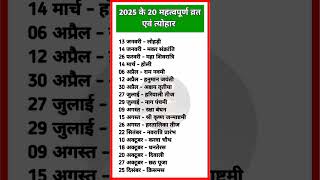 2025 Festival list 2025 के प्रमुख व्रतत्यौहार  Hindu Calender 2025  व्रत त्यौहार संपूर्ण तिथियाँ [upl. by Dnaltiac]