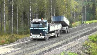 Scania R143HL 420 6X2L with trailer spreading out gravel [upl. by Parrisch490]