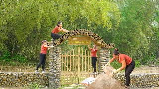 Finished Building Farm Gate With Two Stone Pillars And Many Bamboo Tube  Building My Farm [upl. by Nimajneb]