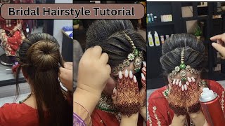 StepbyStep Bridal Hairstyle Tutorial  Elegant Bun and Maang Tikka Setting for Weddings [upl. by Asnarepse]