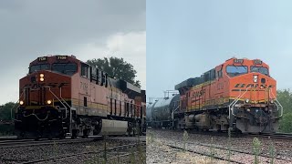 Fast 3x1 BNSF Cargill feed train in the rain BNSF Transcon Emporia sub72923 [upl. by Nalyt]