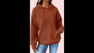 SHEWIN Womens Hoodies Casual Long Sleeve Drawstring Waffle Pullover Tops Loose Hooded Sweatshirt wit [upl. by Nealy]