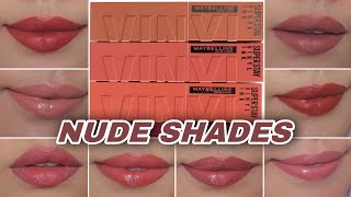 Maybelline Superstay Vinyl Ink  All NUDE SHOCK shades swatches [upl. by Bogusz397]