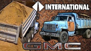 GMC Detroit Diesel and International CAT 3406 Dump Trucks Dumping Sand [upl. by Nysila]